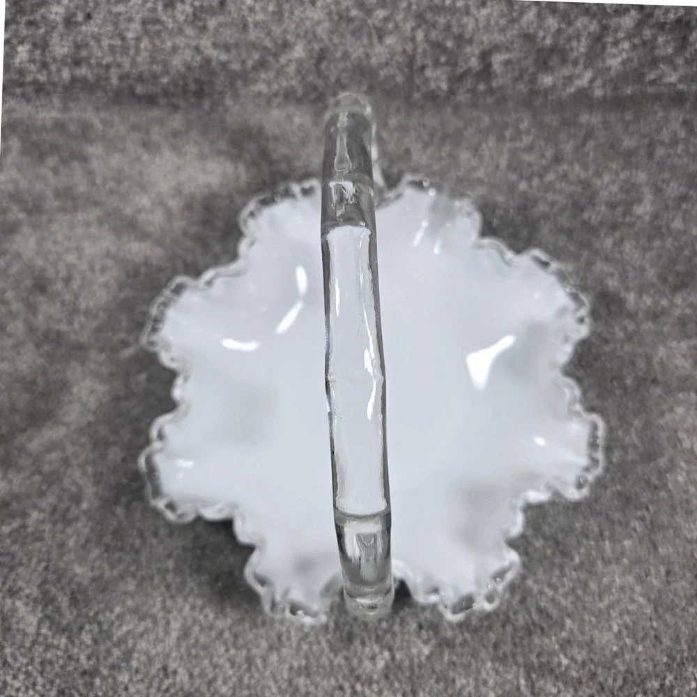 Fenton Basket White‎ Silver Crest Ruffled Clear Edge Glass Vintage Decor 7